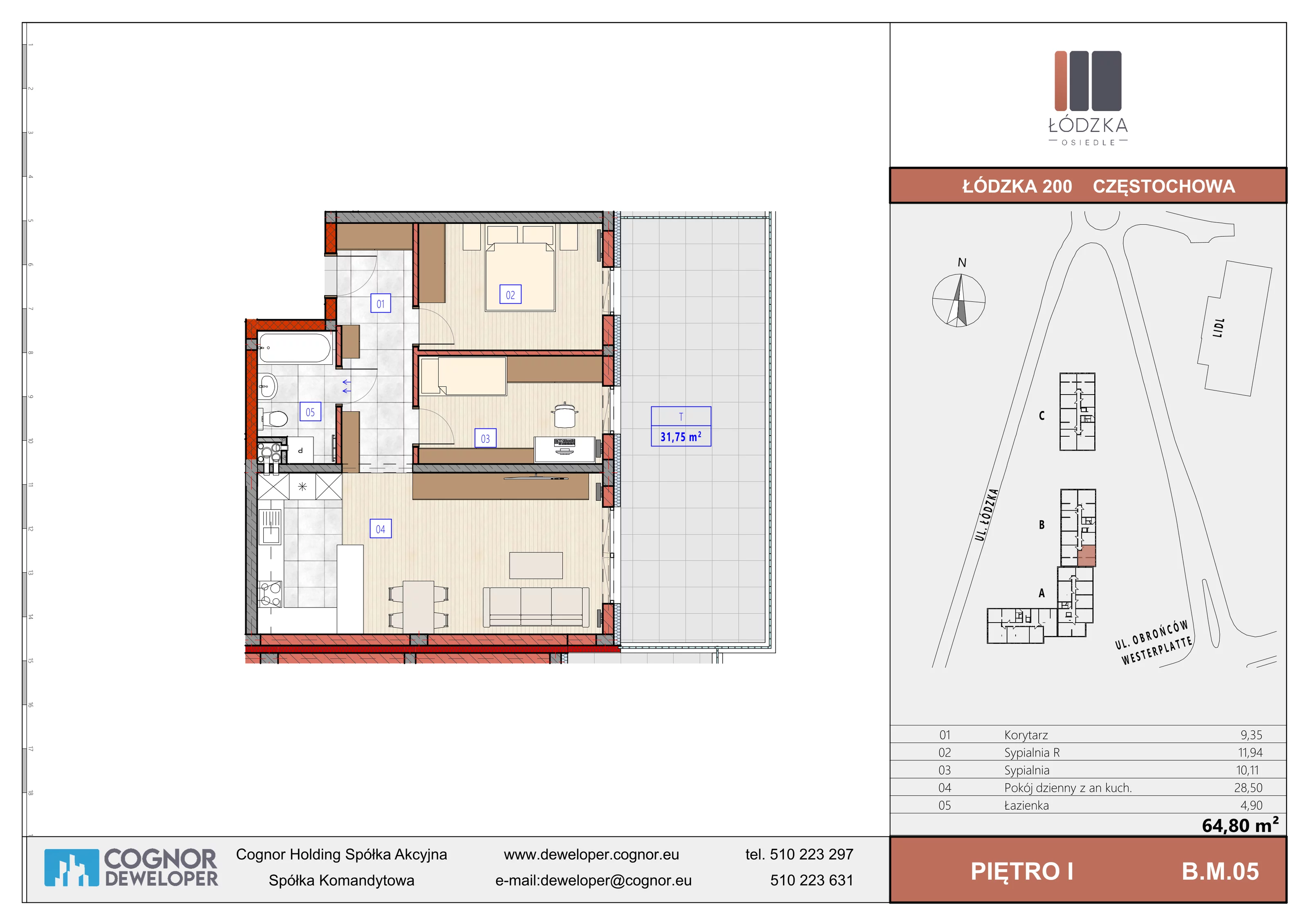 3 pokoje, mieszkanie 64,80 m², piętro 1, oferta nr B.M.05, Łódzka Osiedle, Częstochowa, Częstochówka-Parkitka, ul. Łódzka 198, 200, 202